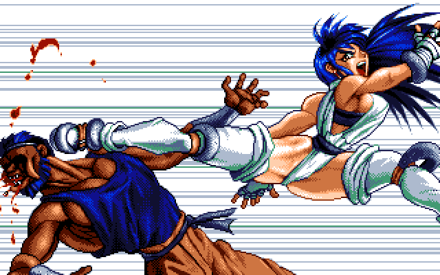 1boy, 1girl, angry, ass, bare_shoulders, battle, blood, blue_hair, brandish_(video_game), brandish_3, breasts, dark-skinned_male, dark_skin, earrings, elbow_pads, falcom, fighting, flying_kick, jewelry, kicking, knee_pads, leotard, long_hair, midair, motion_lines, muscular, muscular_female, narrow_waist, pixel_art, sideboob, simple_background, speed_lines, spread_legs, studded_gloves, teeth, thighs, thong, thong_leotard, umber_(brandish_3), unconscious, white_background
