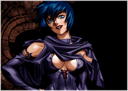 1girl, blue_eyes, blue_hair, brandish_(video_game), brandish_4, brandish_vt, breasts, cape, center_opening, choker, cleavage, cleavage_cutout, clothing_cutout, elbow_gloves, falcom, female_focus, gloves, hand_on_own_hip, large_breasts, lipstick, lowres, makeup, medium_breasts, mermelada, red_lips, short_hair, solo, upper_body