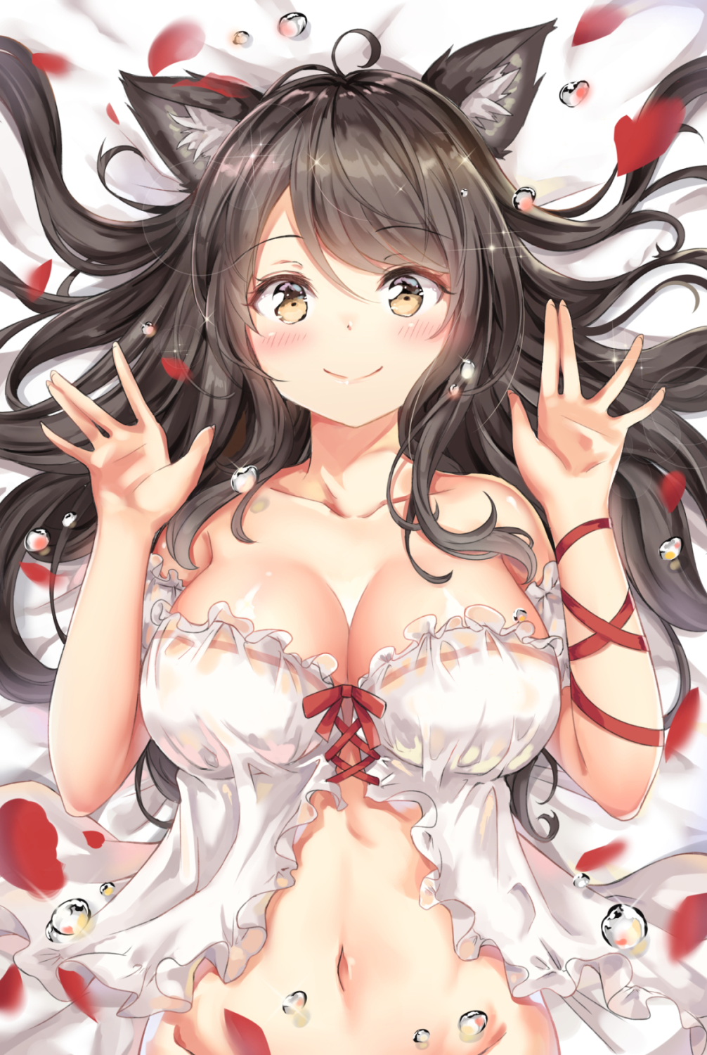1girl, animal_ears, babydoll, black_hair, blush, breasts, brown_eyes, camisole, cat_ears, cenangam, cleavage, female_focus, highres, large_breasts, lens, long_hair, navel, original, petals, rose_petals, smile, solo, sparkle, water