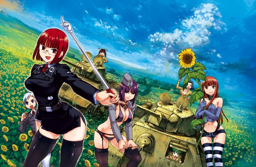 >:d, 6+girls, :d, :o, ^_^, adjusting_clothes, adjusting_legwear, akiyama_yoshika