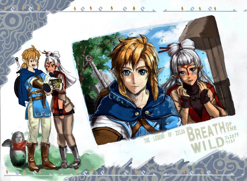 1boy, 1girl, blonde_hair, blue_eyes, blush, cloud, day, grey_eyes, kusatakesi, link, looking_at_viewer, nervous, nintendo, paya_(zelda), pointy_ears, selfie, sky, smile, sweatdrop, taking_picture, the_legend_of_zelda, the_legend_of_zelda:_breath_of_the_wild, white_hair