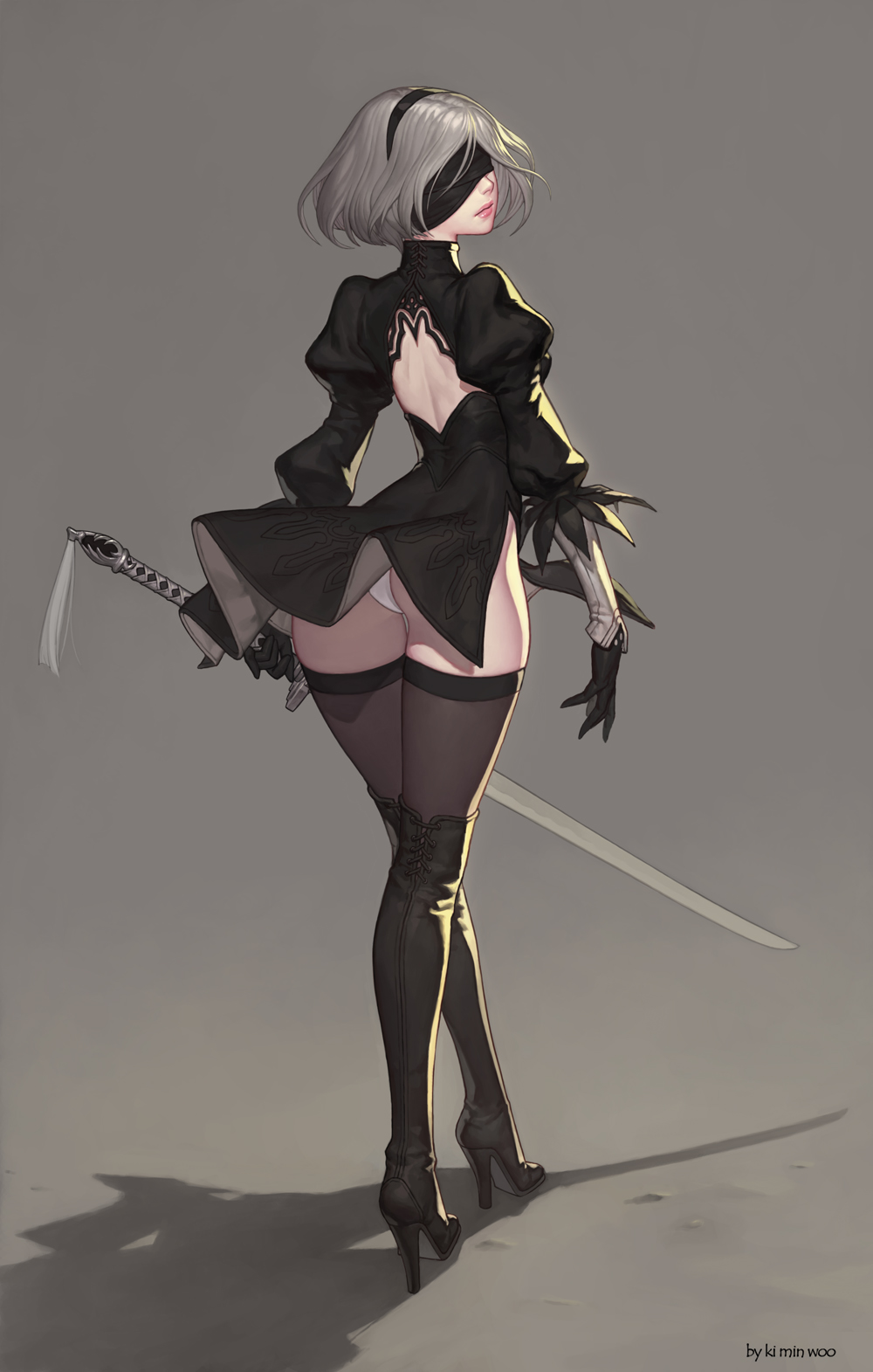 1girl, 2b_(nier:automata), arms_at_sides, artist_name, ass, back, back_cutout, backless_dress