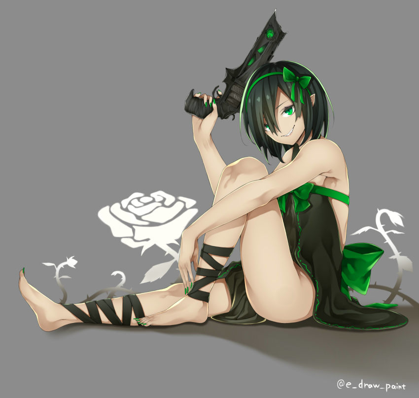 1girl, barefoot, black_hair, bow, destiny_(game), e_draw_paint, fang, feet, female_focus, green_eyes, grey_background, gun, hair_bow, highres, looking_at_viewer, nail_polish, personification, short_hair, sitting, smile, solo, thorn_(destiny), toenail_polish, toenails, twitter_username, weapon