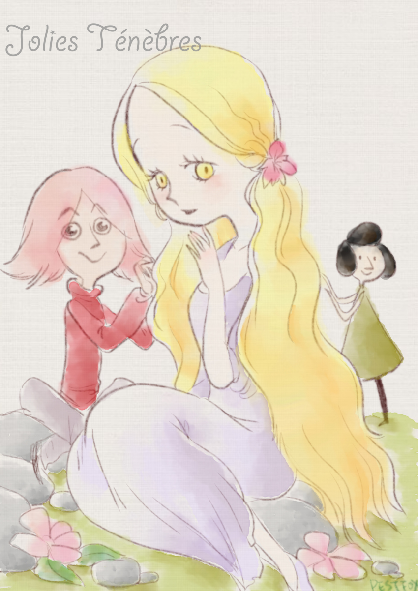 3girls, absurdres, black_hair, blonde_hair, blush, character_request, highres, looking_at_viewer