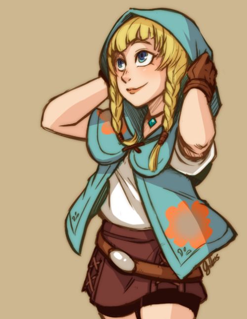 1girl, alternate_costume, aryll_(cosplay), belt, blonde_hair, blue_eyes, braid, brown_gloves, buckle, cosplay, gem, gloves, jewelry, linkle, necklace, nintendo, shorts, shorts_under_skirt, the_legend_of_zelda, the_legend_of_zelda:_the_wind_waker, twin_braids