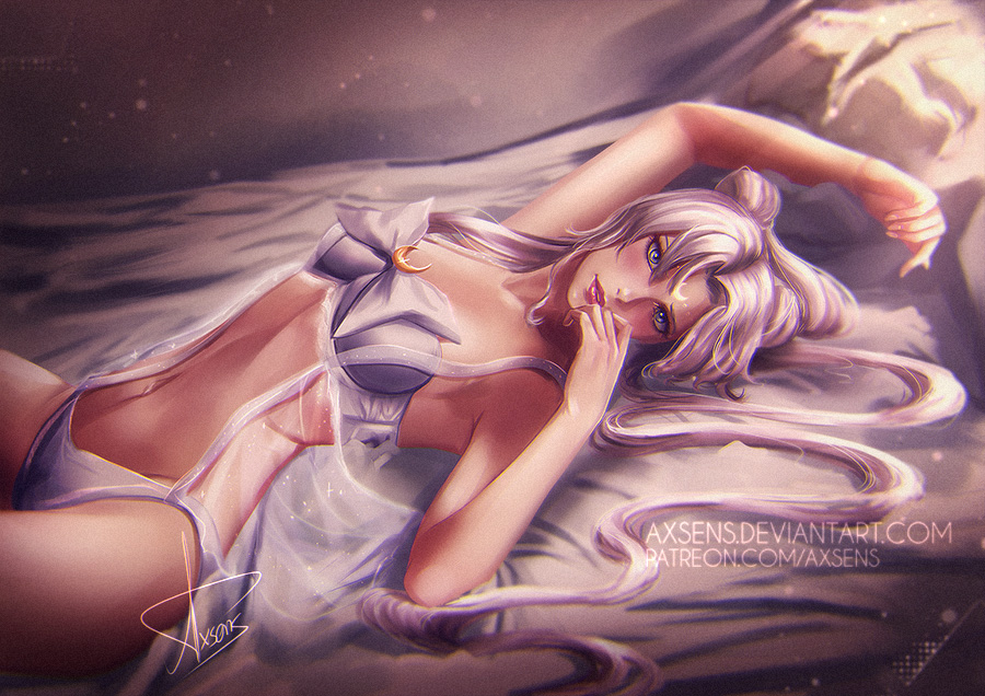 1girl, arm_up, artist_name, axsen, bare_arms, bed, bed_sheet, bishoujo_senshi_sailor_moon