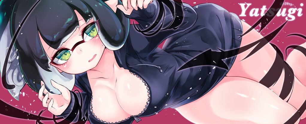 1girl, bad_id, bad_twitter_id, black_dress, black_hair, blunt_bangs, breasts, character_name, cleavage, commentary_request, conomi-c5, dress, echolocator_(splatoon), female_focus, green_eyes, hood, hoodie, inkling, inkling_girl, inkling_player_character, large_breasts, long_hair, long_sleeves, looking_at_viewer, microdress, nintendo, parted_lips, pointy_ears, purple_background, solo, splatoon_(series), splatoon_1, sweater, sweater_dress, tentacle_hair