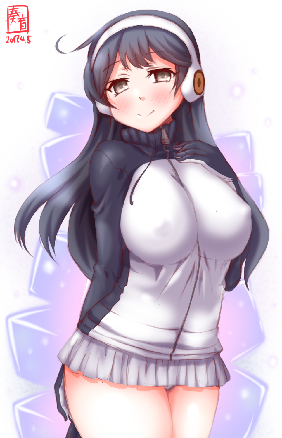 10s, ahoge, artist_logo, black_hair, blush, breasts, brown_eyes, cosplay, covered_erect_nipples, dated, gentoo_penguin_(kemono_friends), gentoo_penguin_(kemono_friends)_(cosplay), headphones, highres, kanon_(kurogane_knights), kantai_collection, kemono_friends, large_breasts, logo, long_hair, look-alike, looking_at_viewer, microskirt, panties, pantyshot, pleated_skirt, skirt, smile, solo, standing, underwear, ushio_(kancolle)