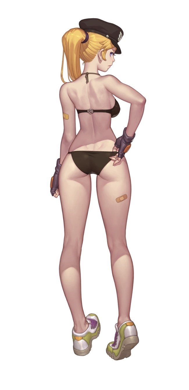 1girl, arm_at_side, ass, bandaid, bandaid_on_arm, bandaid_on_leg, bare_shoulders, bikini