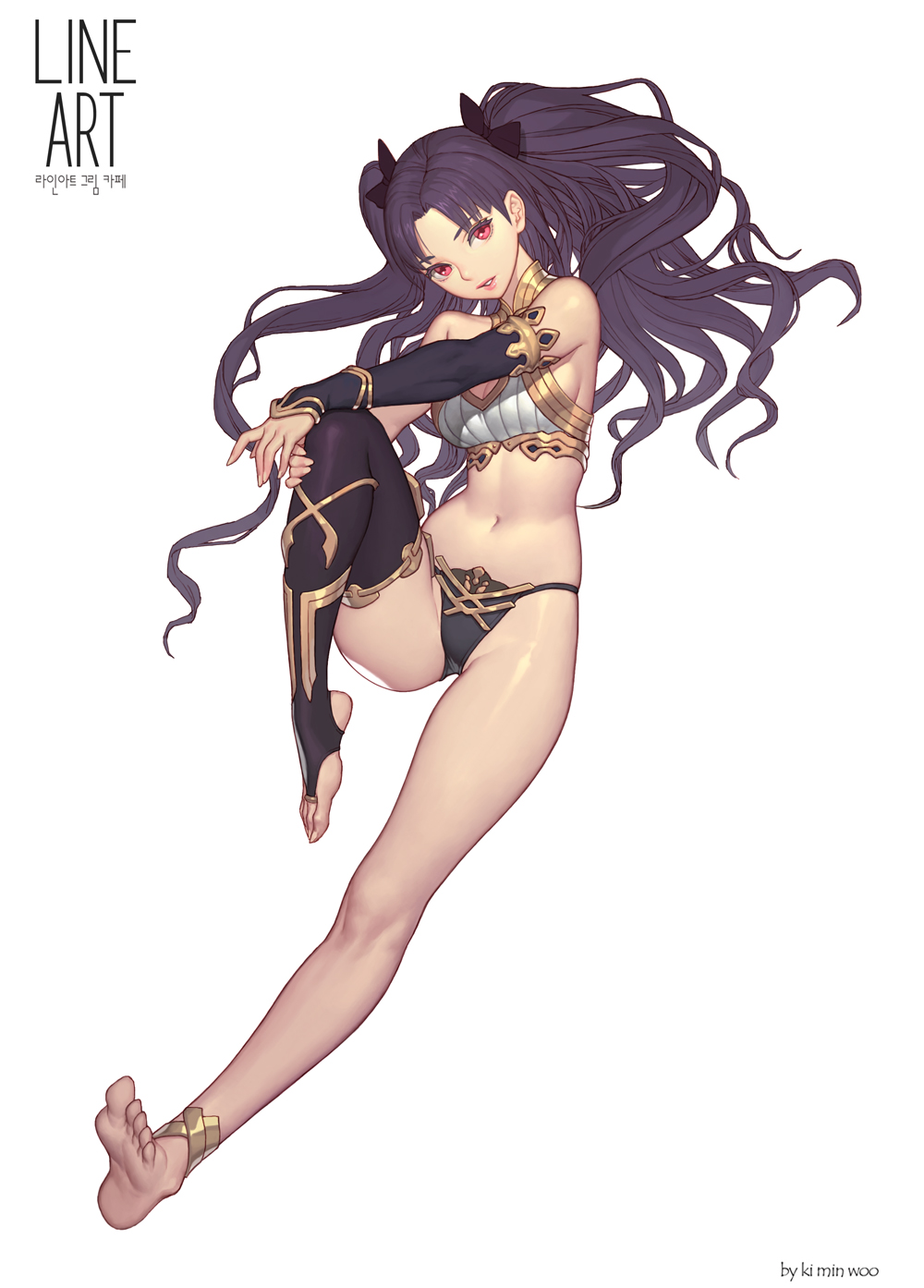 1girl, anklet, armlet, artist_name, asymmetrical_legwear, asymmetrical_sleeves, bandeau, bare_arms