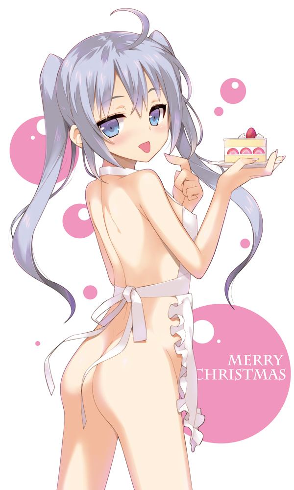 1girl, :p, apron, ass, breasts, cake, commentary_request, cowboy_shot