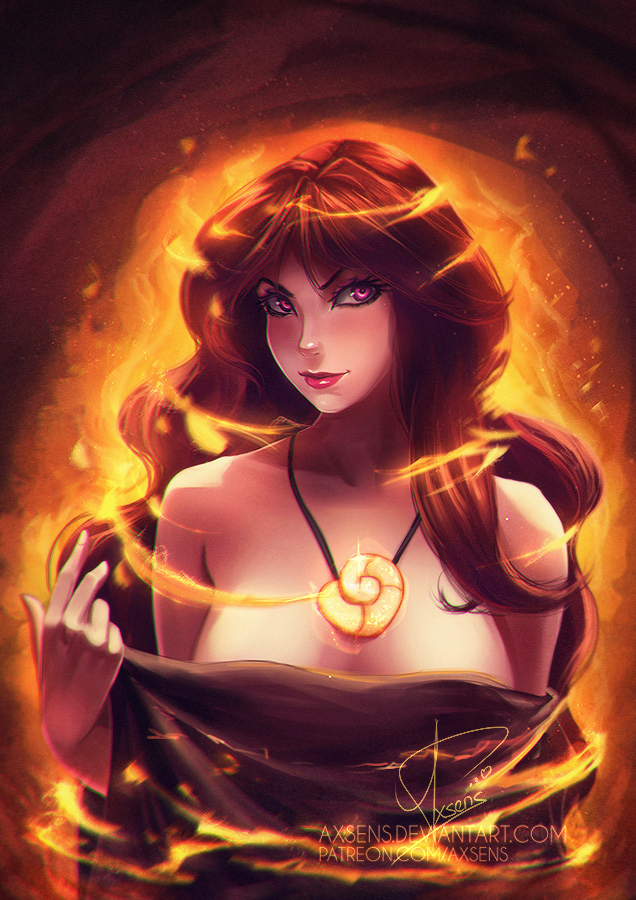 1girl, aura, axsen, breasts, brown_hair, cleavage, disney, evil_smile, female_focus, jewelry, large_breasts, lipstick, long_hair, makeup, pendant, purple_eyes, red_lips, shell, signature, smile, solo, the_little_mermaid_(disney), upper_body, vanessa_(disney), watermark, wavy_hair, web_address