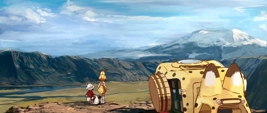 10s, 2girls, animal_ears, animal_print, backpack, bag, elbow_gloves, gloves