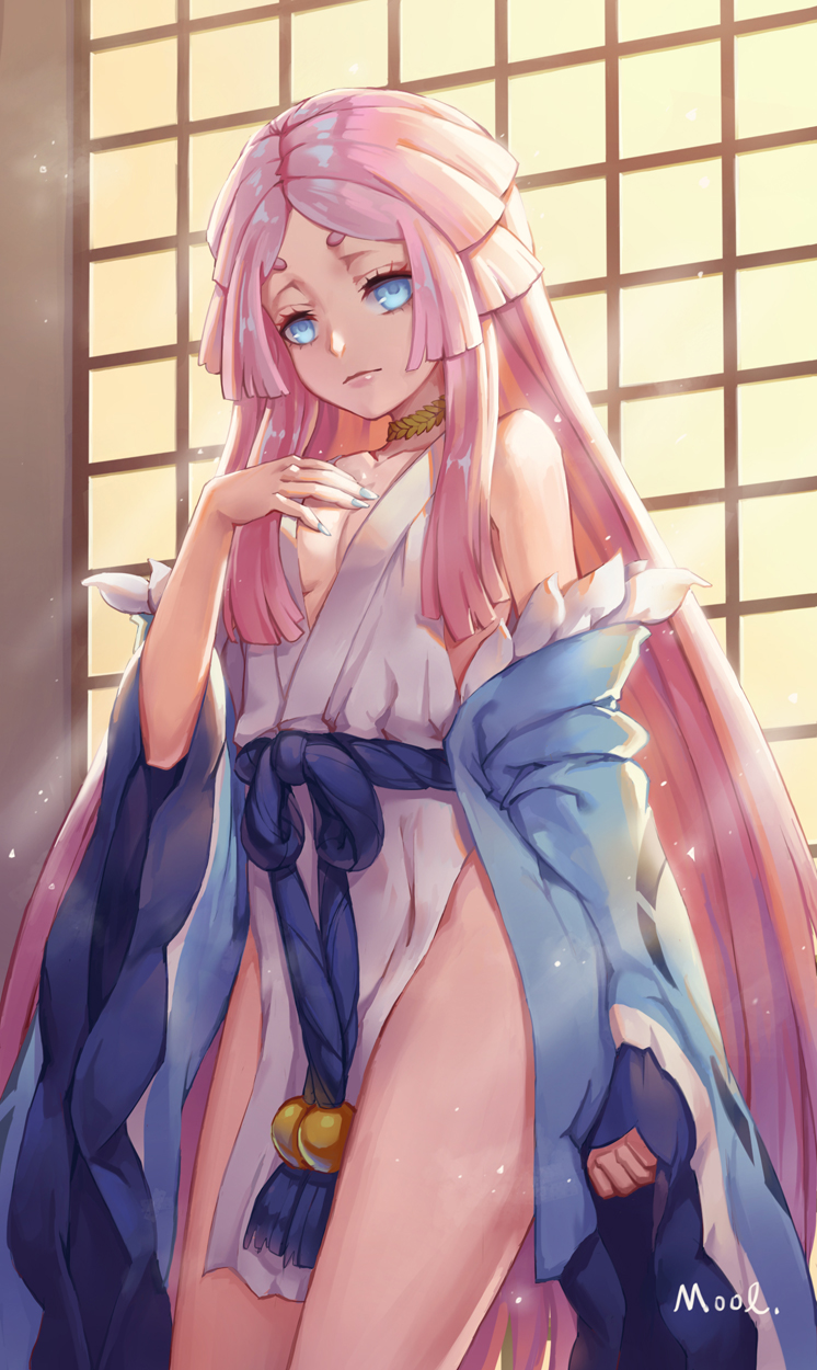 1girl, bare_shoulders, blue_eyes, blue_nails, breasts, cleavage, detached_sleeves, female_focus, highres, kaguya_(onmyoji), long_hair, looking_at_viewer, mool_yueguang, nail_polish, onmyoji, pink_hair, small_breasts, solo
