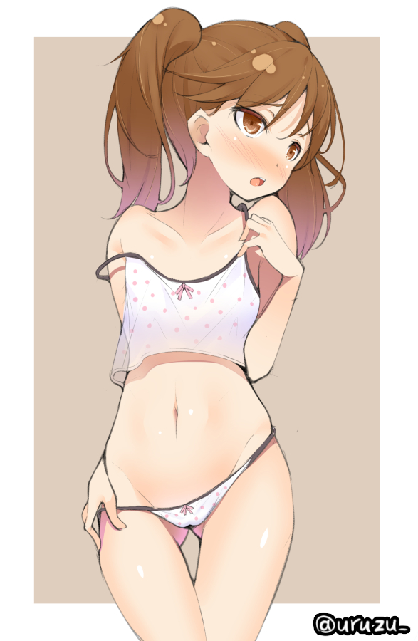 10s, 1girl, alternate_costume, bare_shoulders, blush, breasts, brown_eyes, brown_hair, camisole, collarbone, cowboy_shot, female_focus, gluteal_fold, hand_on_own_hip, kantai_collection, kurogoma_(haruhi3), long_hair, looking_to_the_side, navel, outside_border, panties, panty_pull, ryuujou_(kancolle), small_breasts, solo, stomach, strap_slip, twintails, underwear, underwear_only