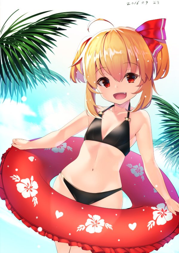 1girl, alternate_hairstyle, bikini, black_bikini, blonde_hair, dated, female_focus, floral_print