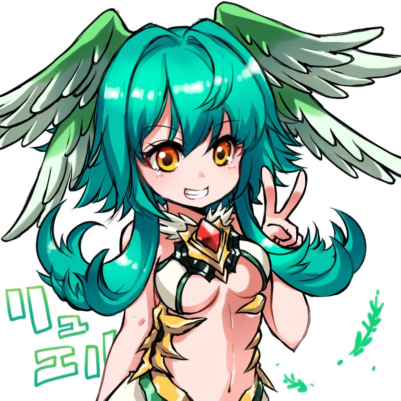 1girl, :d, aqua_hair, bare_arms, bare_shoulders, blush, breasts, crystal, feathered_wings, female_focus, flipped_hair, fur_collar, gem, grin, hair_between_eyes, hair_intakes, hand_up, head_wings, leaf, looking_away, medium_breasts, midriff, navel, open_mouth, orange_eyes, pikomarie, puzzle_&amp;_dragons, red_gem, ruel_(p&amp;d), short_hair_with_long_locks, simple_background, smile, solo, stomach, teeth, underboob, upper_body, v, white_background, wings