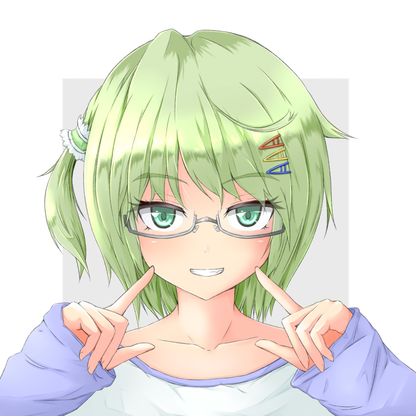1girl, aqua_eyes, collarbone, female_focus, glasses, green_hair, grey-framed_eyewear, grin