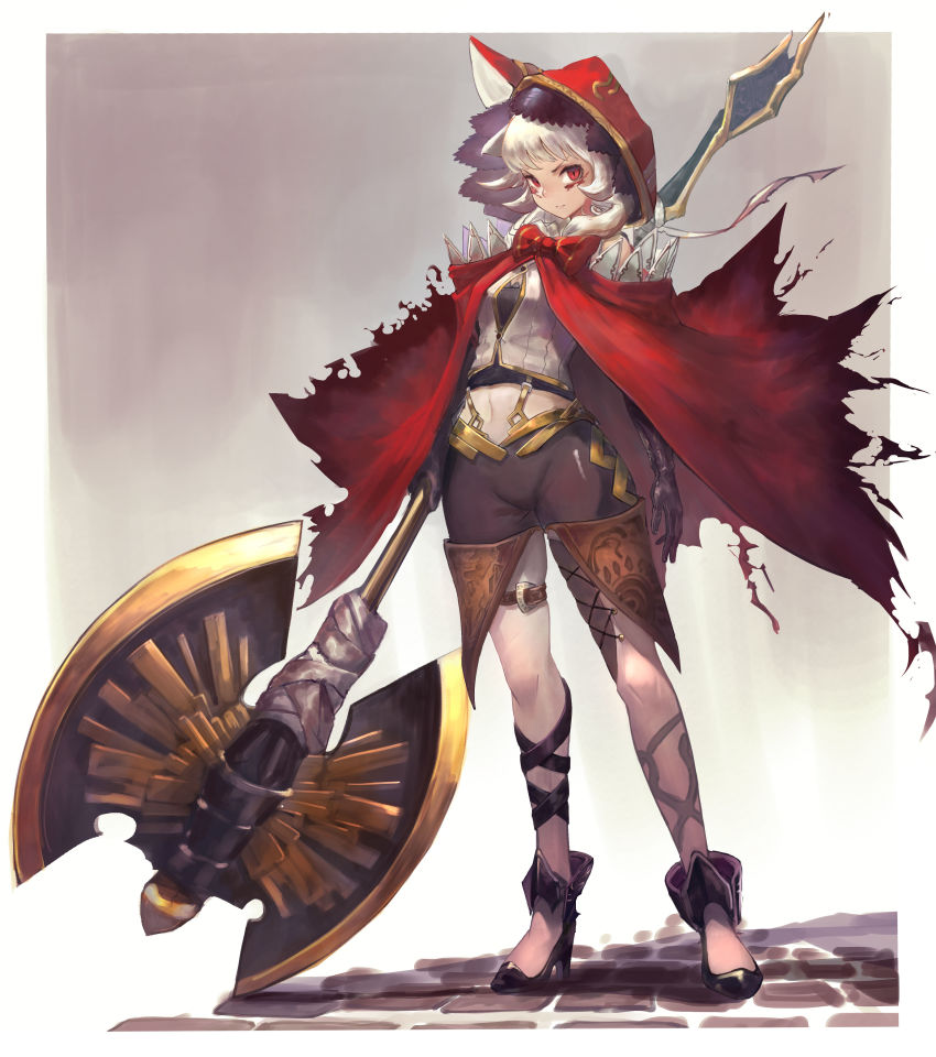 1girl, absurdres, axe, black_gloves, boots, dress, female_focus, full_body