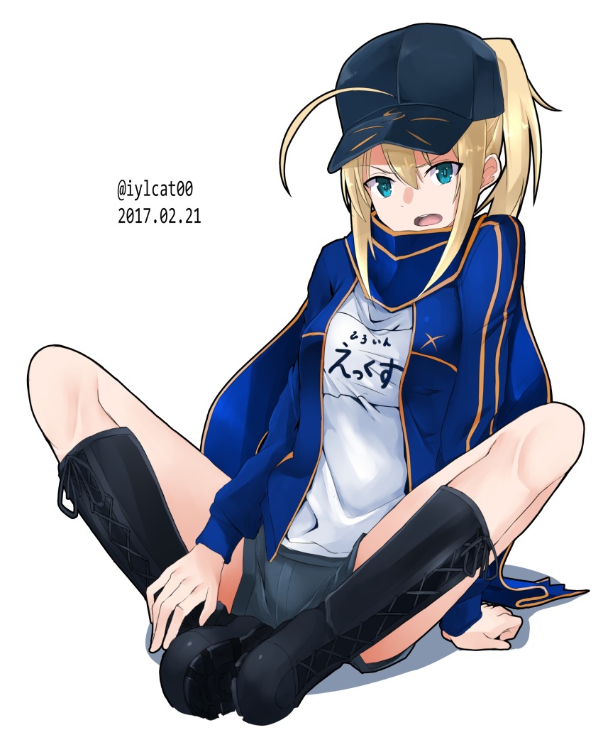 1girl, absurdres, ahoge, artoria_pendragon_(fate), black_hat, blonde_hair, blue_eyes, boots