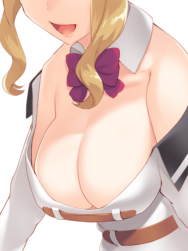 10s, 1girl, blonde_hair, blush, bow, bowtie, breast_focus, breasts, cleavage, collarbone, detached_collar, downblouse, female_focus, folded_ponytail, head_out_of_frame, kasa_jizou, kono_subarashii_sekai_ni_shukufuku_wo!, large_breasts, luna_(konosuba), no_bra, off_shoulder, open_mouth, out_of_frame, ribbon, shiny_skin, smile, solo, standing, waving