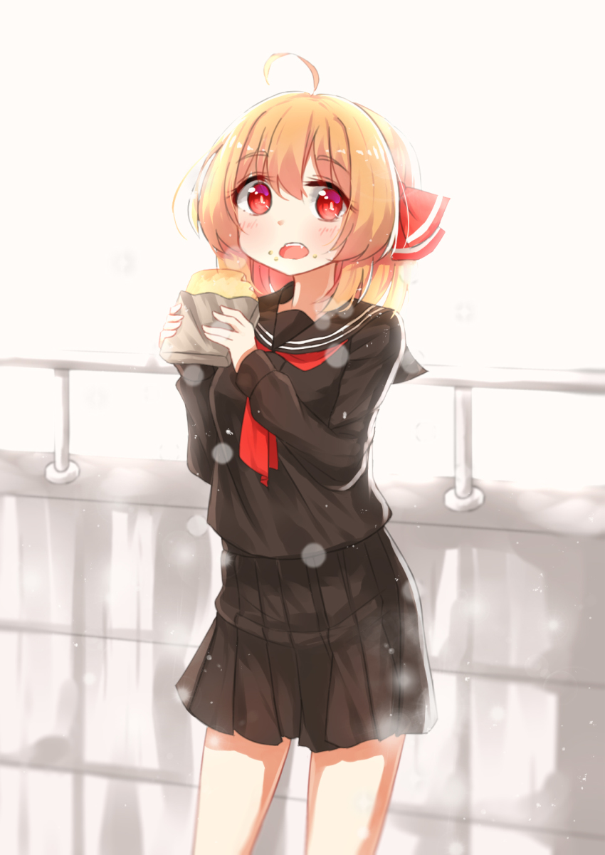 1girl, adapted_costume, black_serafuku, blonde_hair, bread_slice, chilia012, eating, food