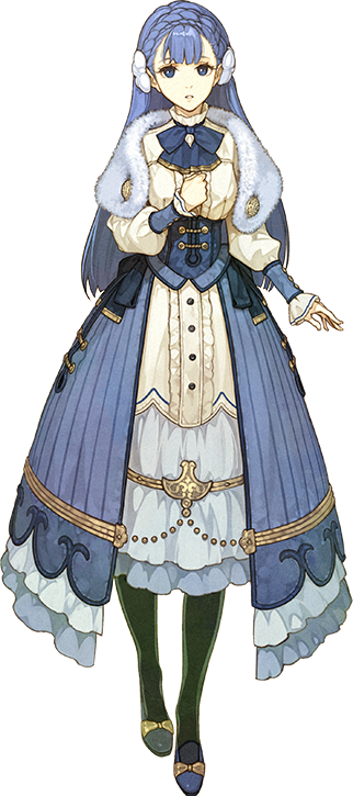 1girl, blue_eyes, blue_hair, bow, bowtie, braid, capelet, crown_braid, detached_sleeves, dress, female_focus, fire_emblem, fire_emblem_echoes:_shadows_of_valentia, fire_emblem_gaiden, frills, full_body, fur_trim, hair_ornament, hand_on_own_chest, hidari_(left_side), long_hair, looking_at_viewer, matching_hair/eyes, nintendo, official_art, pantyhose, rinea_(fire_emblem), shoes, solo, standing, transparent_background