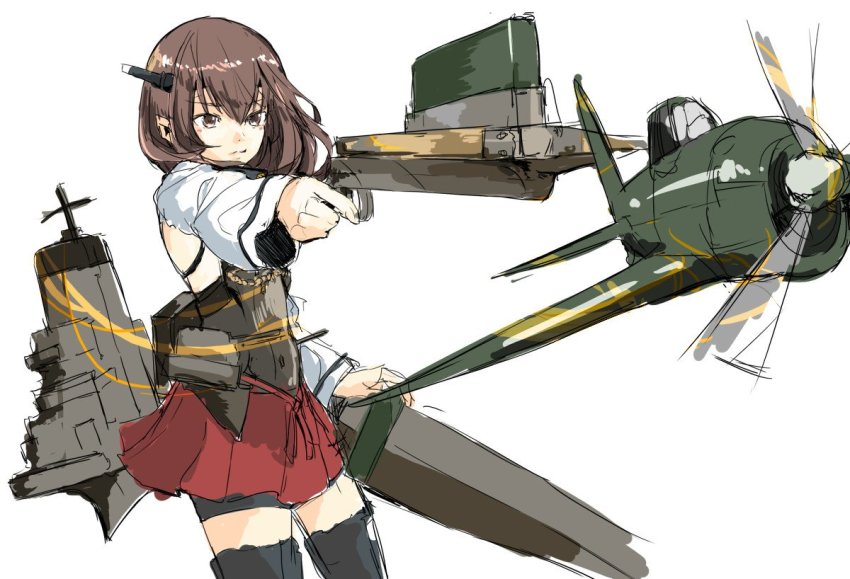 10s, 1girl, aiming, aircraft, airplane, armor, bike_shorts, black_thighhighs