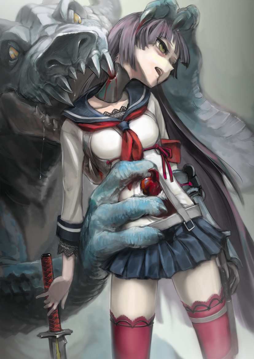 1girl, 7th_dragon_(series), 7th_dragon_2020, bearclaw, biting, black_hair, blood, death, empty_eyes, green_eyes, guro, holding, holding_sword, holding_weapon, katanako, long_hair, monster, purple_hair, restrained, samurai_(7th_dragon), school_uniform, sword, tagme, thighhighs, weapon