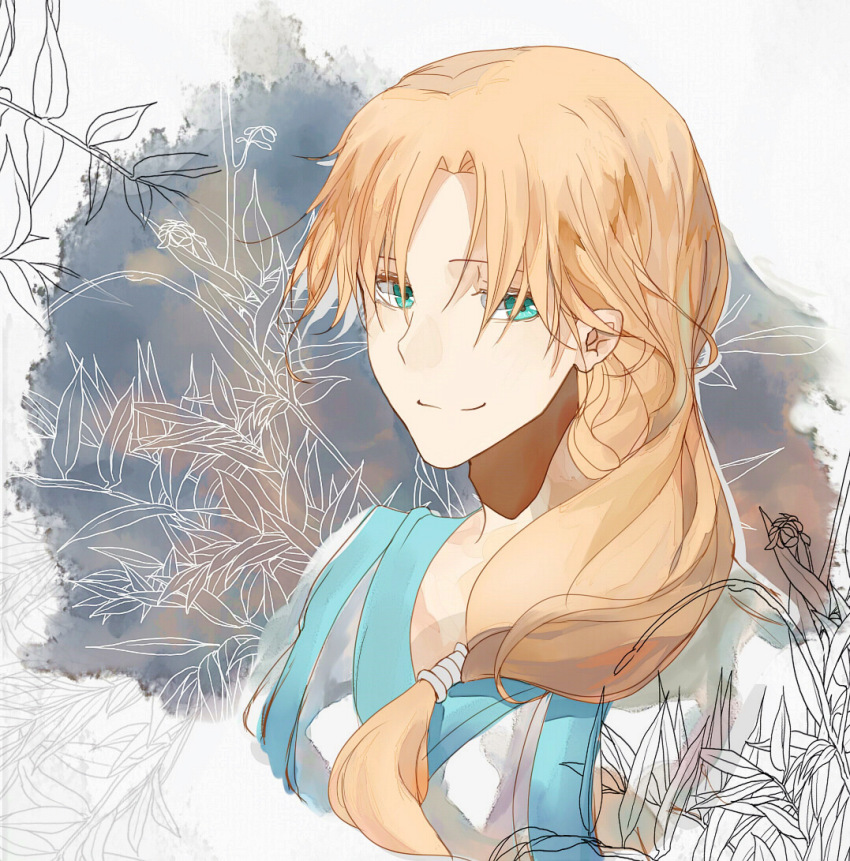 1boy, akatsuki_no_yona, aleia, green_eyes, leaf, long_hair, low_ponytail, male_focus