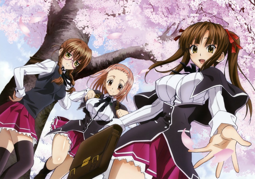 10s, 3girls, absurdres, bag, black_ribbon, black_socks, black_sweater, blue_sky