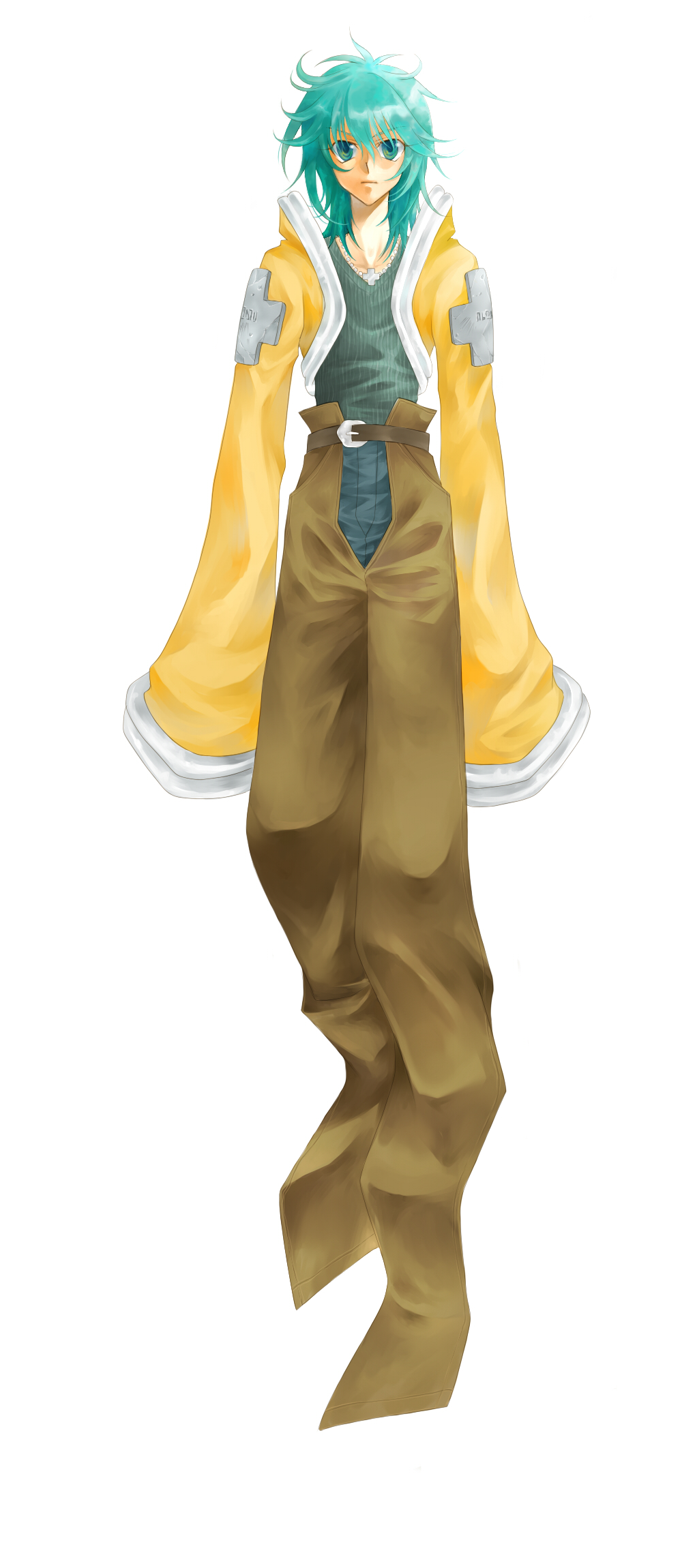 1990s_(style), 1boy, bad_id, bad_pixiv_id, cross, green_eyes, green_hair, highres