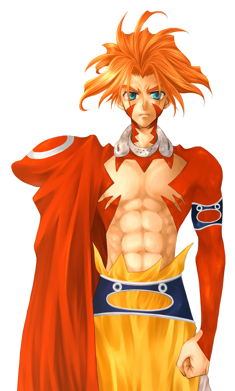 1990s_(style), 1boy, bad_id, bad_pixiv_id, cape, green_eyes, highres, houshin_engi, male_focus, moyoriaki, nentou_doujin, red_hair, retro_artstyle, simple_background, solo, tattoo, topless_male, white_background