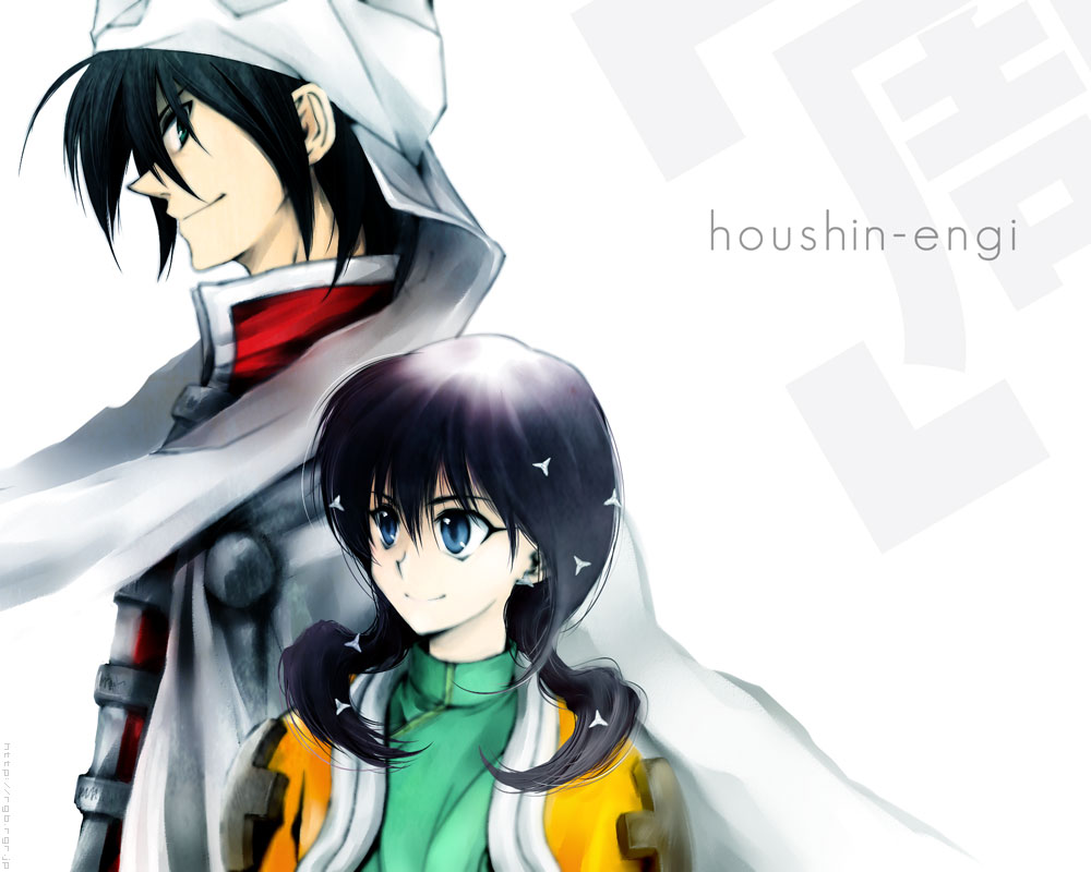 1990s_(style), 1boy, 1girl, bad_id, bad_pixiv_id, black_hair, blue_eyes, cape, copyright_name, couple, hetero, houshin_engi, ki_hatsu, kizu_(pixiv38662), long_hair, turban, yuukyou