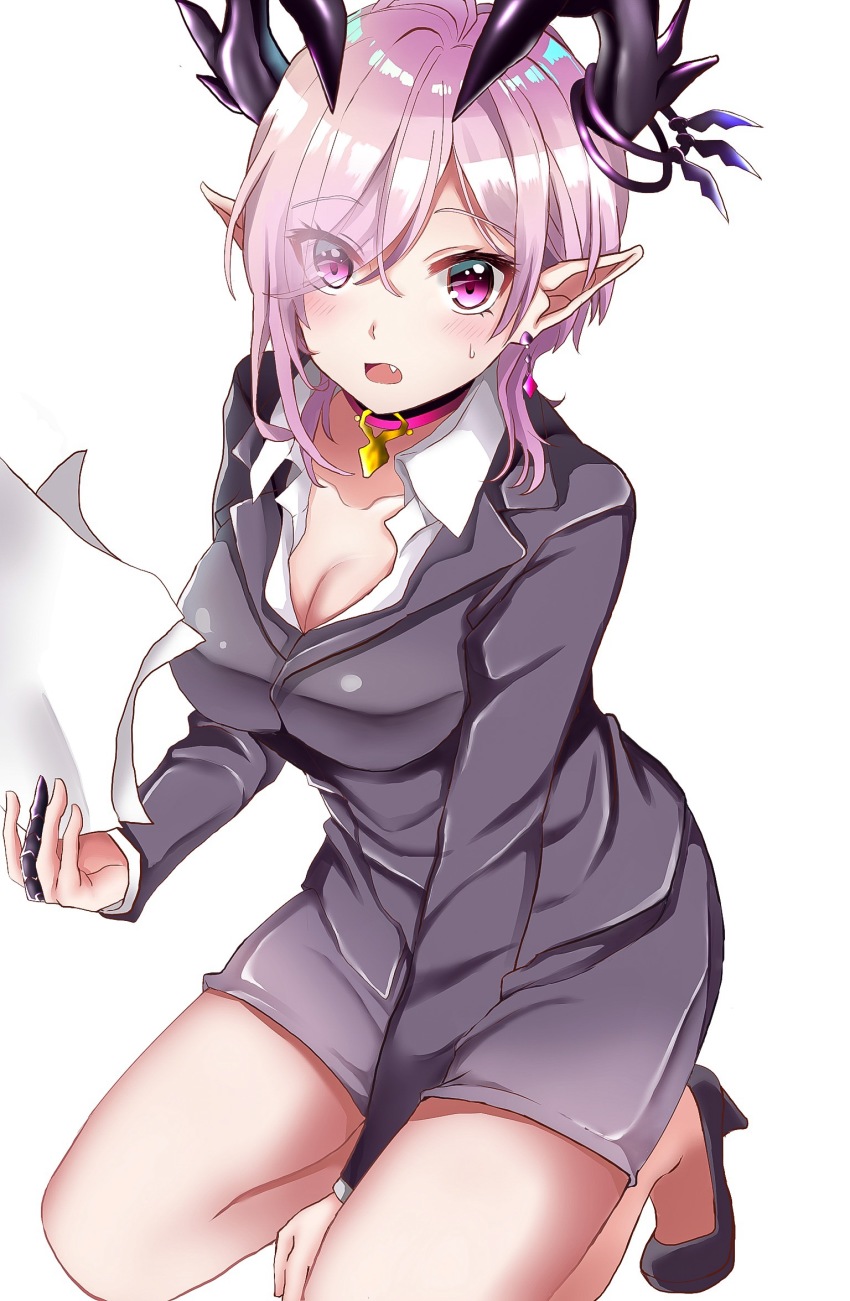 1girl, black_skirt, blush, breasts, eyes_visible_through_hair, fang, female_focus, formal_clothes, hair_over_one_eye, hamu_(plot_sy), hand_up, high_heels, highres, holding, holding_paper, horns, kneeling, large_breasts, looking_at_viewer, no_socks, office_lady, open_mouth, oscurol_(shironeko_project), paper, pencil_skirt, pink_hair, pointy_ears, purple_eyes, shironeko_project, short_hair_with_long_locks, simple_background, skirt, solo, suit, sweatdrop, thighs, white_background