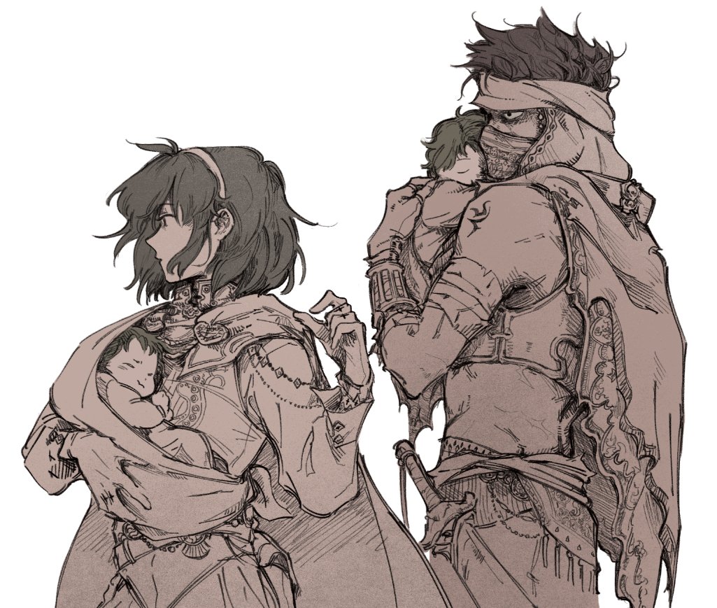 1girl, 3boys, armor, baby, bandaged_arm, bandages, brothers, cape