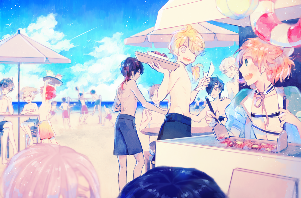10s, 6+boys, :d, aizen_kunitoshi, akashi_kuniyuki, beach, beach_umbrella, beach_volleyball