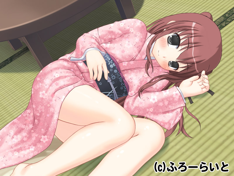 1girl, barefoot, black_eyes, black_ribbon, blush, brown_hair, character_request, feet