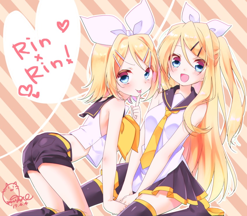 >:p, 2017, 2girls, :d, :p, age_progression, aged_up, all_fours, alternate_hair_length, alternate_hairstyle, amane_(amnk1213), ascot, bare_arms, blonde_hair, blue_eyes, blush, bow, dated, dual_persona, kagamine_rin_(future_style), hair_bow, hair_ornament, hairclip, holding_hands, index_finger_raised, kagamine_rin, leg_warmers, long_hair, midriff, multiple_girls, necktie, open_mouth, pleated_skirt, project_diva_(series), project_diva_f, sailor_collar, selfcest, short_hair, shorts, signature, sitting, skirt, smile, spread_legs, striped_background, teasing, thighhighs, tongue, tongue_out, v-shaped_eyebrows, very_long_hair, vocaloid, wariza, yuri, zettai_ryouiki