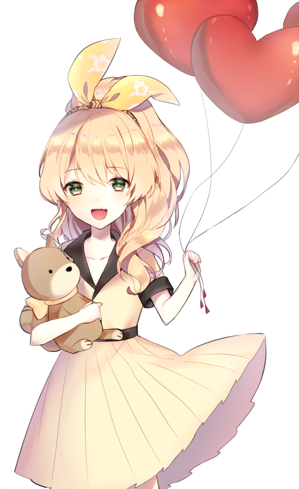 1boy, bad_id, bad_pixiv_id, balloon, blonde_hair, crossdressing, crossdressing_(mtf), dress, fang, green_eyes, hair_ribbon, i-chu, long_hair, male_focus, mya_(myang01), oikawa_momosuke, open_mouth, ponytail, ribbon, simple_background, smile, solo, stuffed_animal, stuffed_squirrel, stuffed_toy, trap, white_background