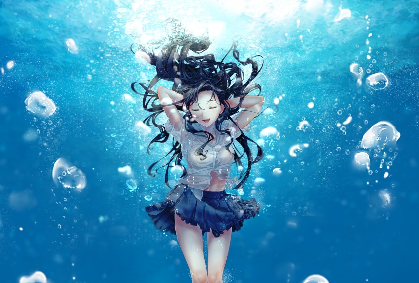 1girl, air_bubble, arms_up, black_hair, blue_skirt, breasts, bubble, closed_eyes