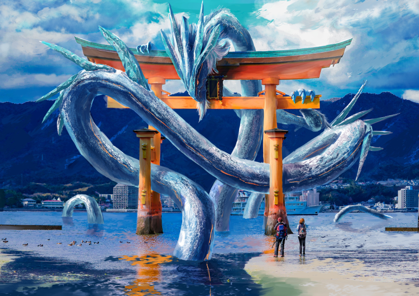 1boy, 1girl, backpack, bag, bird, brown_hair, building, camera