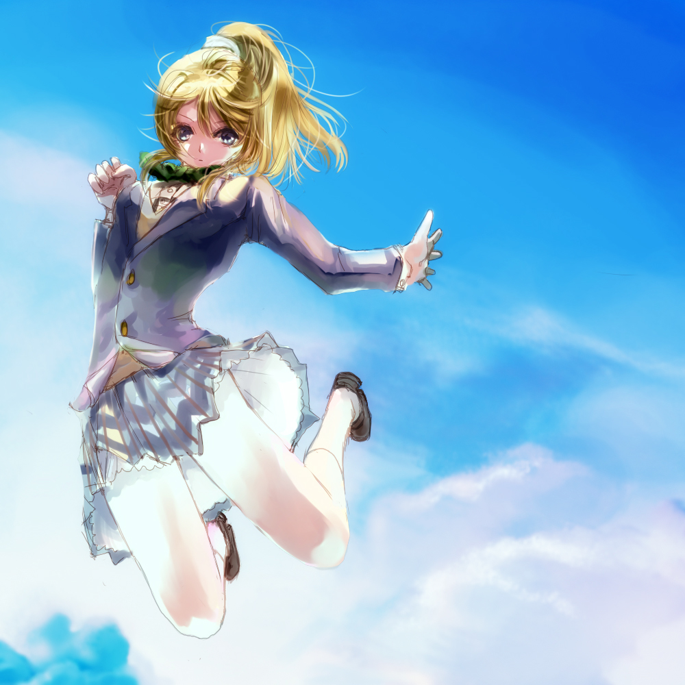 10s, 1girl, ayase_eli, blazer, blonde_hair, blue_eyes, blue_sky, cloud
