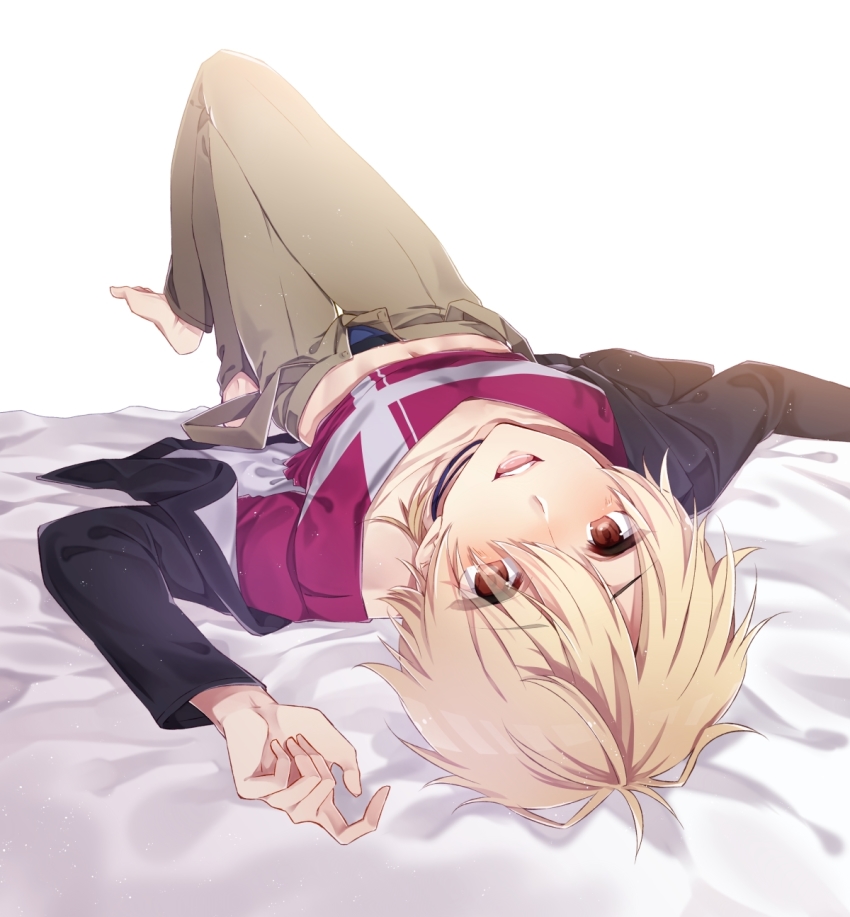 1boy, bad_id, bad_pixiv_id, barefoot, bed_sheet, blonde_hair, blush, highres, i-chu, jacket, crossed_legs, lips, lying, male_focus, navel, on_back, open_clothes, open_jacket, open_pants, pants, red_eyes, short_hair, soroco, underwear, uruha_saku, white_background