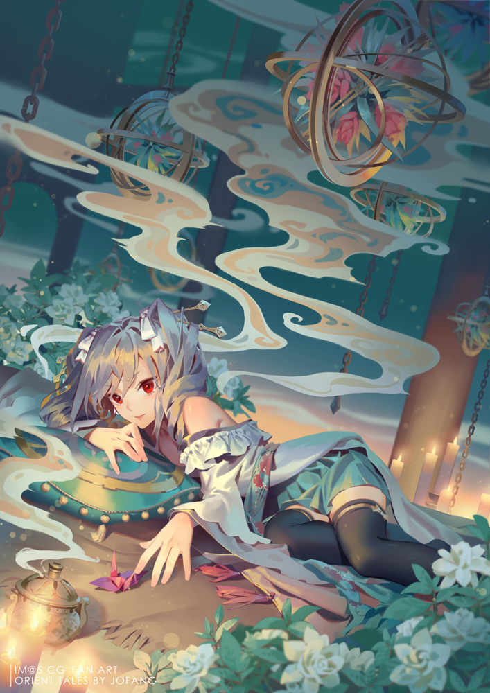 10s, 1girl, \||/, artist_name, bare_shoulders, black_thighhighs, bow, bush, candle, chain, cloud, dutch_angle, female_focus, fire, flower, gradient_hair, green_skirt, grey_hair, hair_between_eyes, hair_bow, hair_ornament, hair_ribbon, hairpin, idolmaster, idolmaster_cinderella_girls, kanzaki_ranko, lamier, long_hair, looking_at_viewer, lying, miniskirt, multicolored_hair, multiple_bushes, multiple_candles, off_shoulder, on_side, pillow, pleated_skirt, ponytail, red_eyes, ribbon, side_ponytail, skirt, sky, smoke, solo, sunset, thighhighs, twintails, two_side_up, white_flower, white_ribbon, wide_sleeves, zettai_ryouiki