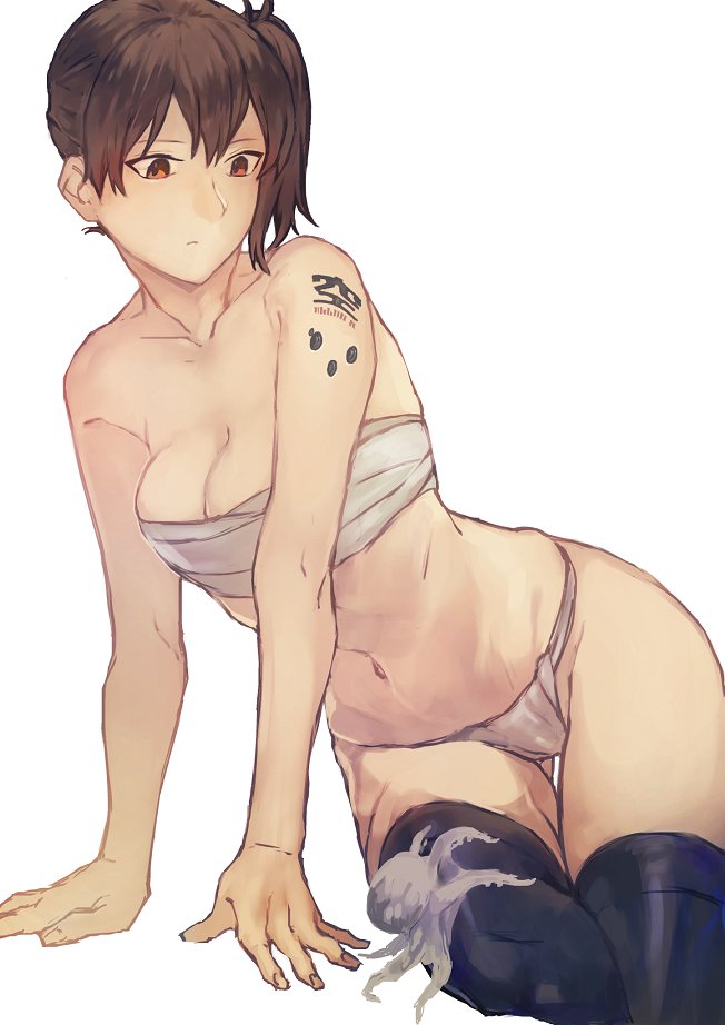 10s, 1girl, animal, bad_id, bad_twitter_id, bare_shoulders, black_thighhighs, breasts, brown_eyes, brown_hair, cleavage, collarbone, commentary_request, female_focus, fukazaki_(g425hw45), fundoshi, japanese_clothes, kaga_(kancolle), kantai_collection, medium_breasts, midriff, navel, octopus, sarashi, side_ponytail, simple_background, solo, tattoo, thighhighs, underwear, white_background