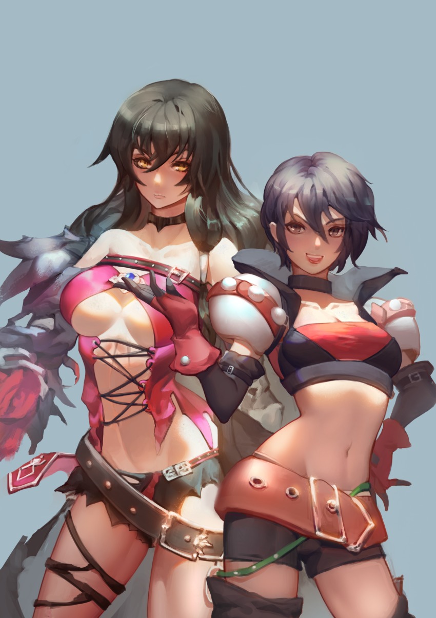 2girls, absurdres, armor, bare_shoulders, belt, black_hair, boots, braid, breasts, brown_eyes, choker, cleavage, coat, elbow_gloves, fingerless_gloves, gloves, grey_eyes, highres, kirsos, long_hair, looking_at_viewer, medium_breasts, midriff, multiple_girls, navel, open_mouth, rutee_katrea, short_hair, short_shorts, shorts, smile, tales_of_(series), tales_of_berseria, tales_of_destiny, thigh_boots, thighhighs, underboob, velvet_crowe