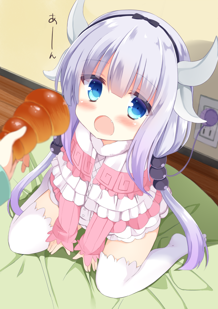 10s, 1girl, :o, blue_eyes, blush, bread, capelet, commentary_request