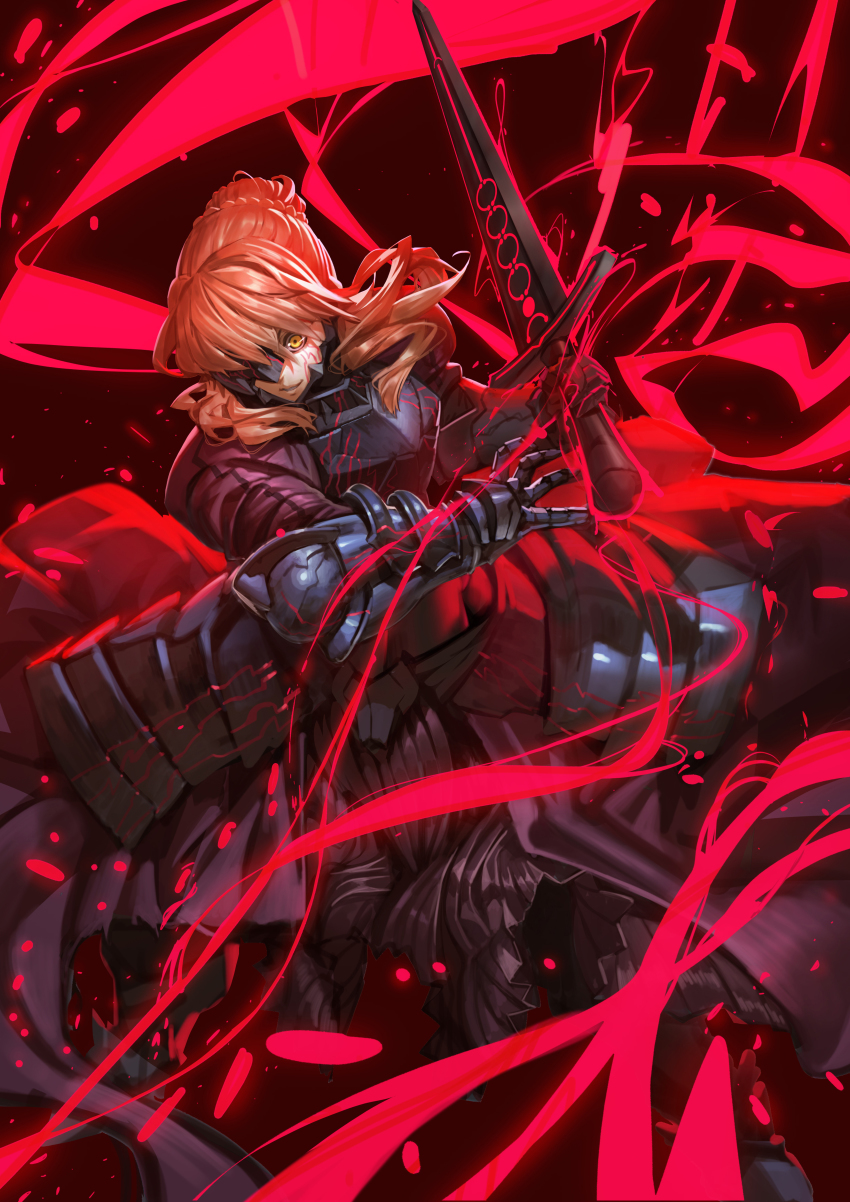 1girl, absurdres, armor, armored_dress, artoria_pendragon_(fate), blonde_hair, braid, bun_with_braided_base