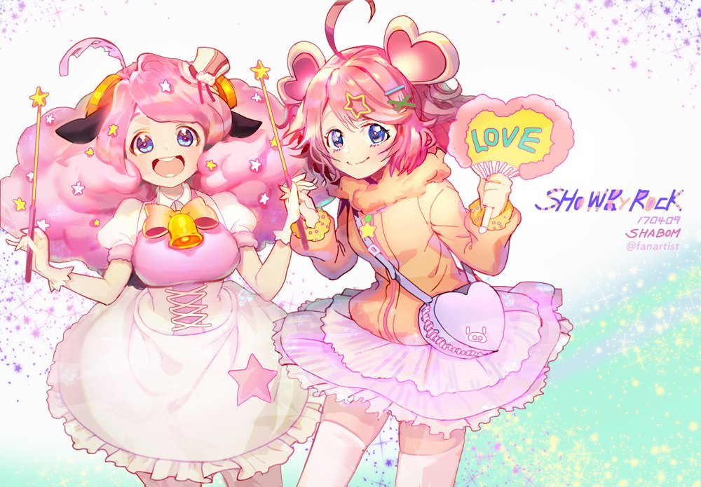 10s, 2girls, :d, ahoge, artist_name, bag, blue_eyes, blush, closed_mouth, collared_shirt, copyright_name, cowboy_shot, cross-laced_clothes, dated, english_text, gloves, hair_ornament, hand_fan, hat, high-waist_skirt, holding, holding_fan, holding_hands, holding_wand, horns, jacket, long_hair, long_sleeves, looking_at_viewer, mini_hat, mini_top_hat, moa_(show_by_rock!!), multicolored_background, multiple_girls, open_mouth, orange_jacket, pig_macaron_(show_by_rock!!), pink_hair, pink_skirt, puffy_short_sleeves, puffy_sleeves, shabomu, sheep_horns, shirt, short_sleeves, show_by_rock!!, skirt, smile, sparkle, star_(symbol), star_hair_ornament, star_print, swept_bangs, thighhighs, top_hat, twitter_username, wand, white_background, white_gloves, white_hat, white_legwear, white_skirt, wing_collar, x_hair_ornament